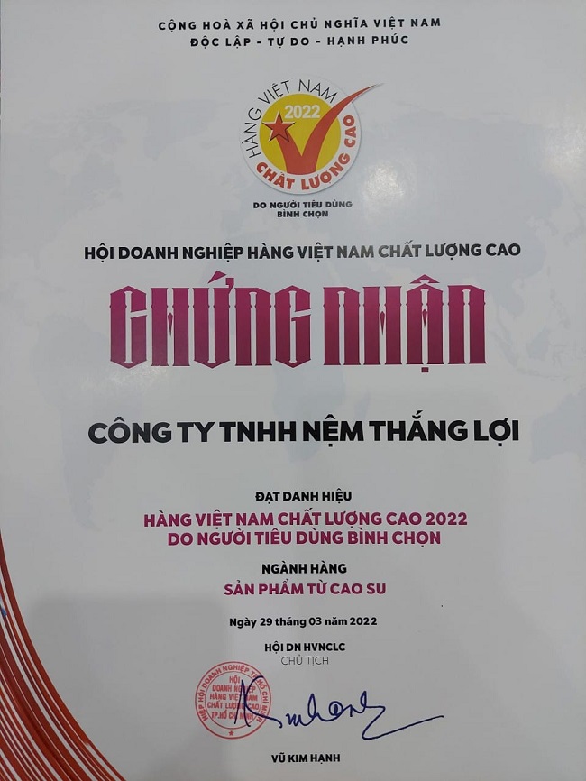 Nệm Thắng Lợi - Chứng nhận hàng Việt Nam chất lượng cao 2022