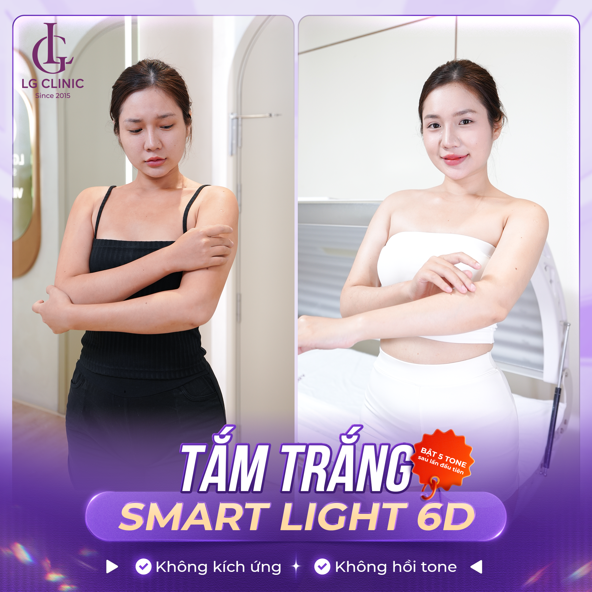 Tắm trắng Smart Light 6D giúp làn da bật tone rõ rệt chỉ sau 1 lần